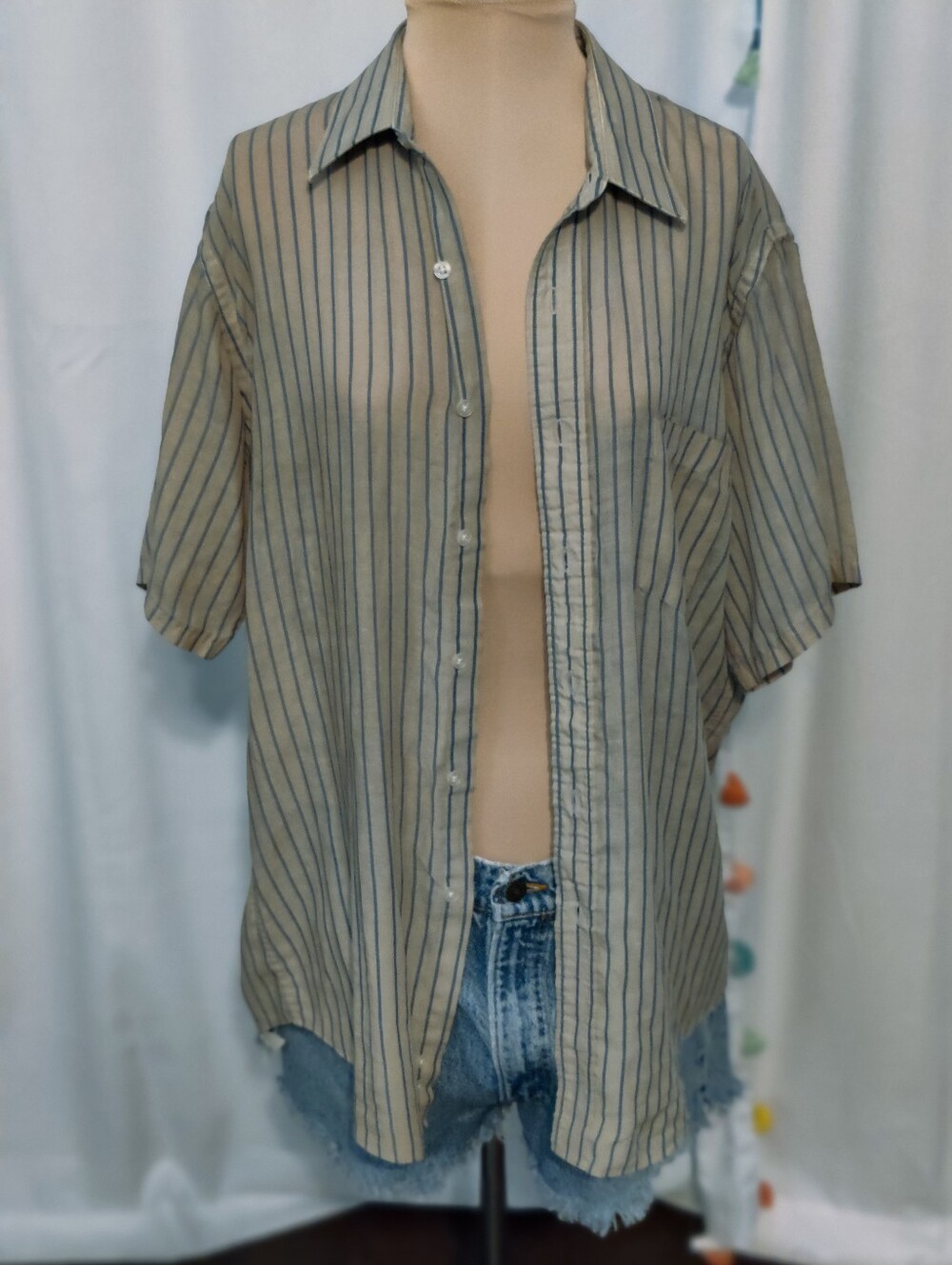Vintage Sears Paper Thin Chore Shirt blue stripe long tail  One pocket  SM